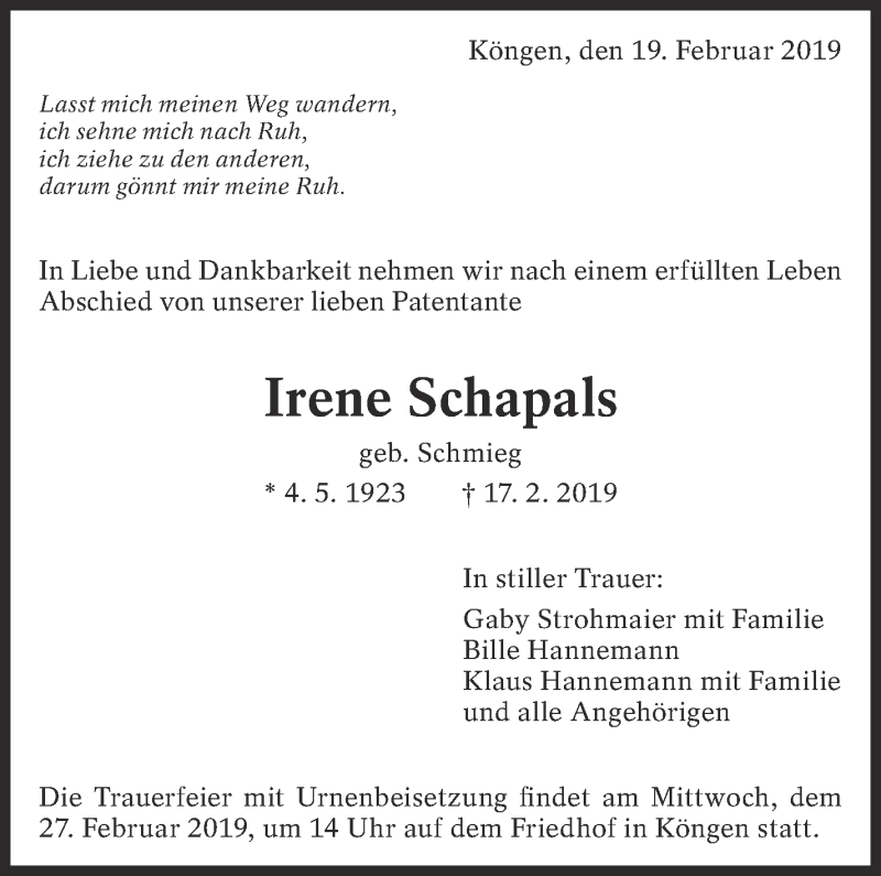  Traueranzeige für Irene Schapals vom 19.02.2019 aus Eßlinger Zeitung/Cannstatter Zeitung