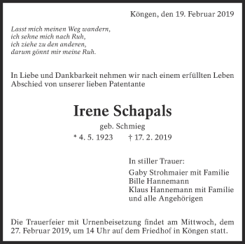 Traueranzeige von Irene Schapals von Eßlinger Zeitung/Cannstatter Zeitung