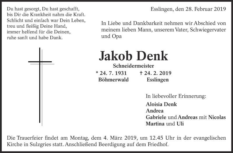  Traueranzeige für Jakob Denk vom 28.02.2019 aus Eßlinger Zeitung/Cannstatter Zeitung