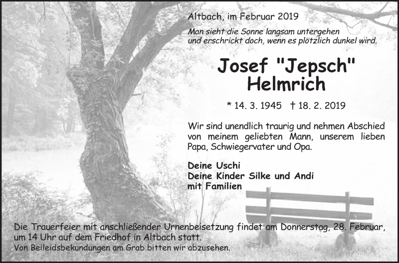  Traueranzeige für Josef Helmrich vom 22.02.2019 aus Eßlinger Zeitung/Cannstatter Zeitung