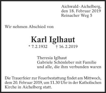 Traueranzeige von Karl Iglhaut von Eßlinger Zeitung/Cannstatter Zeitung
