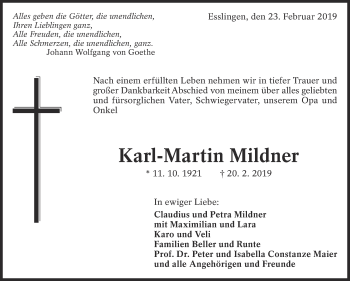 Traueranzeige von Karl-Martin Mildner von Eßlinger Zeitung/Cannstatter Zeitung