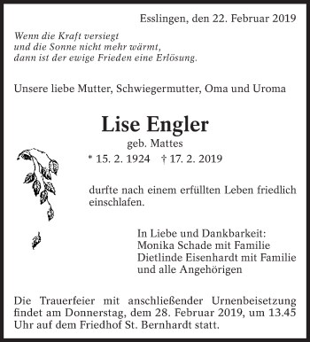 Traueranzeige von Lise Engler von Eßlinger Zeitung/Cannstatter Zeitung