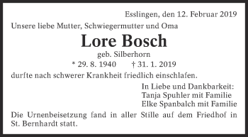 Traueranzeige von Lore Bosch von Eßlinger Zeitung/Cannstatter Zeitung
