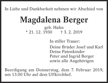 Traueranzeige von Magdalena Berger von Eßlinger Zeitung/Cannstatter Zeitung