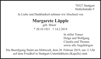 Traueranzeige von Margarete Läpple von Eßlinger Zeitung/Cannstatter Zeitung