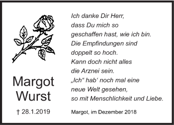 Traueranzeige von Margot Wurst von Eßlinger Zeitung/Cannstatter Zeitung