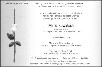 Traueranzeige von Maria Kowatsch von Eßlinger Zeitung/Cannstatter Zeitung