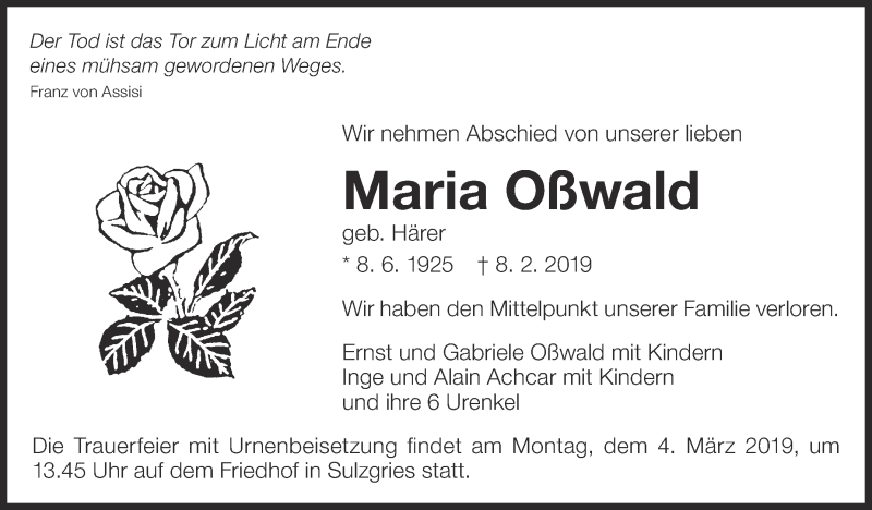  Traueranzeige für Maria Oßwald vom 16.02.2019 aus Eßlinger Zeitung/Cannstatter Zeitung