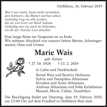 Traueranzeige von Marie Wais von Eßlinger Zeitung/Cannstatter Zeitung