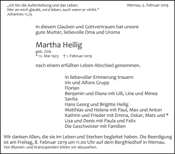 Traueranzeige von Martha Heilig von Eßlinger Zeitung/Cannstatter Zeitung