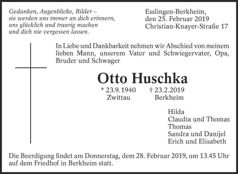  Traueranzeige für Otto Huschka vom 25.02.2019 aus Eßlinger Zeitung/Cannstatter Zeitung