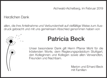 Traueranzeige von Patricia Beck von Eßlinger Zeitung/Cannstatter Zeitung