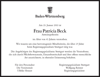 Traueranzeige von Patricia Beck von Eßlinger Zeitung/Cannstatter Zeitung