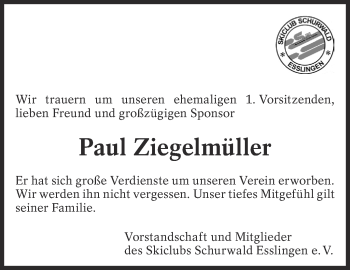 Traueranzeige von Paul Ziegelmüller von Eßlinger Zeitung/Cannstatter Zeitung