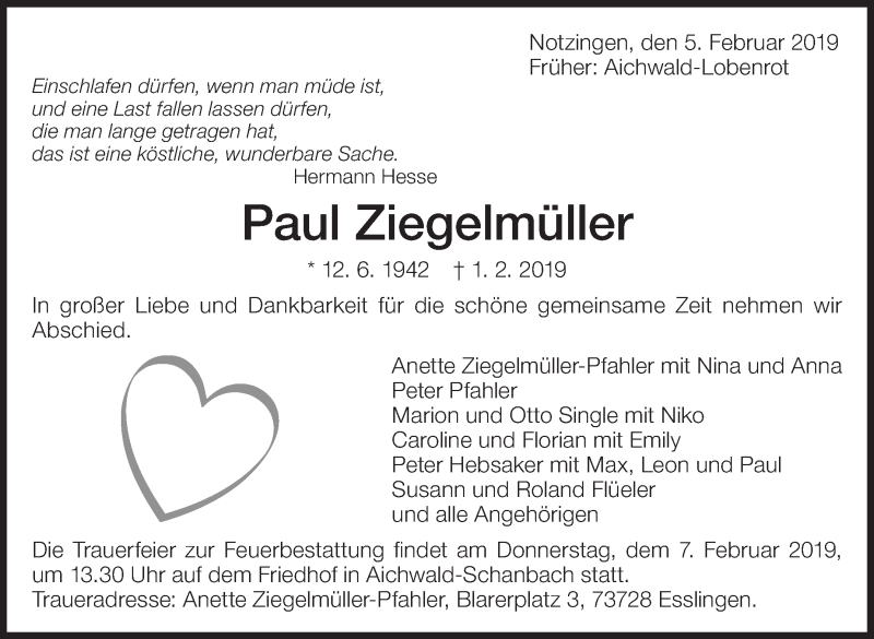  Traueranzeige für Paul Ziegelmüller vom 05.02.2019 aus Eßlinger Zeitung/Cannstatter Zeitung