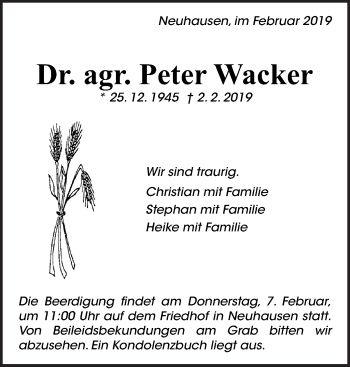 Traueranzeige von Peter Wacker von Eßlinger Zeitung/Cannstatter Zeitung