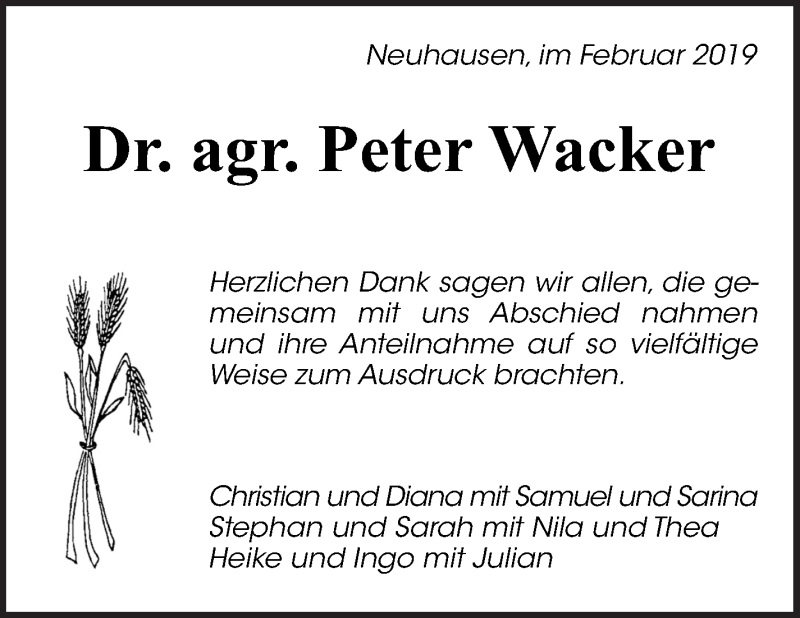  Traueranzeige für Peter Wacker vom 14.02.2019 aus Eßlinger Zeitung/Cannstatter Zeitung
