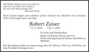 Traueranzeige von Robert Zaiser von Eßlinger Zeitung/Cannstatter Zeitung