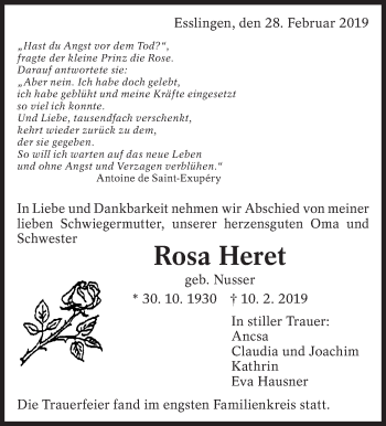 Traueranzeige von Rosa Heret von Eßlinger Zeitung/Cannstatter Zeitung