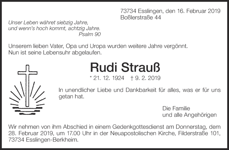  Traueranzeige für Rudi Strauß vom 23.02.2019 aus Eßlinger Zeitung/Cannstatter Zeitung