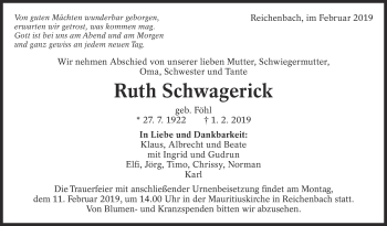 Traueranzeige von Ruth Schwagerick von Eßlinger Zeitung/Cannstatter Zeitung
