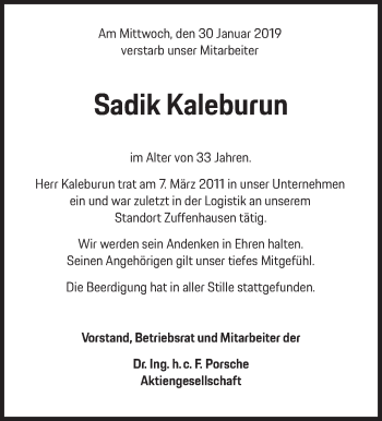 Traueranzeige von Sadik Kaleburun von Eßlinger Zeitung/Cannstatter Zeitung