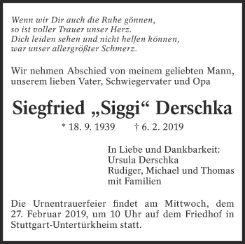Traueranzeige von Siegfried Derschka von Eßlinger Zeitung/Cannstatter Zeitung