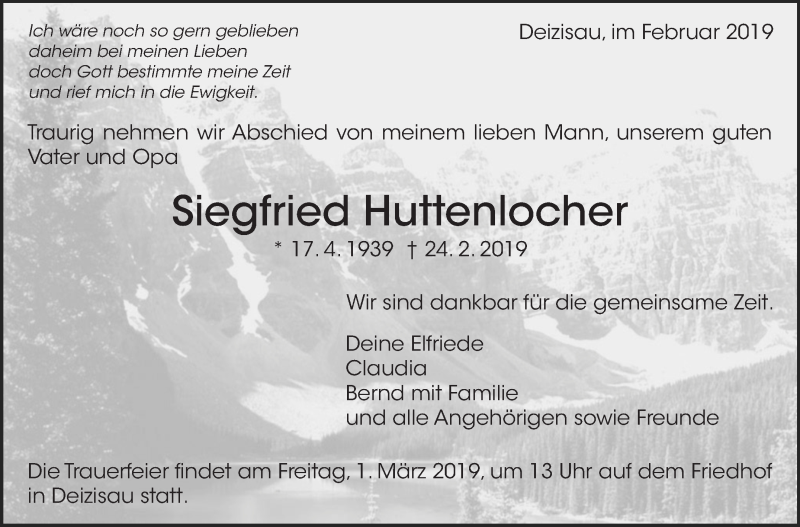 Traueranzeige für Siegfried Huttenlocher vom 27.02.2019 aus Eßlinger Zeitung/Cannstatter Zeitung