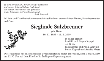Traueranzeige von Sieglinde Salzbrenner von Eßlinger Zeitung/Cannstatter Zeitung
