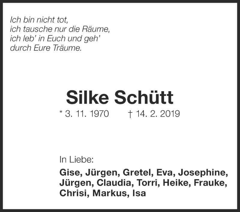  Traueranzeige für Silke Schütt vom 20.02.2019 aus Eßlinger Zeitung/Cannstatter Zeitung