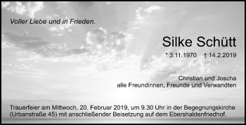 Traueranzeige von Silke Schütt von Eßlinger Zeitung/Cannstatter Zeitung