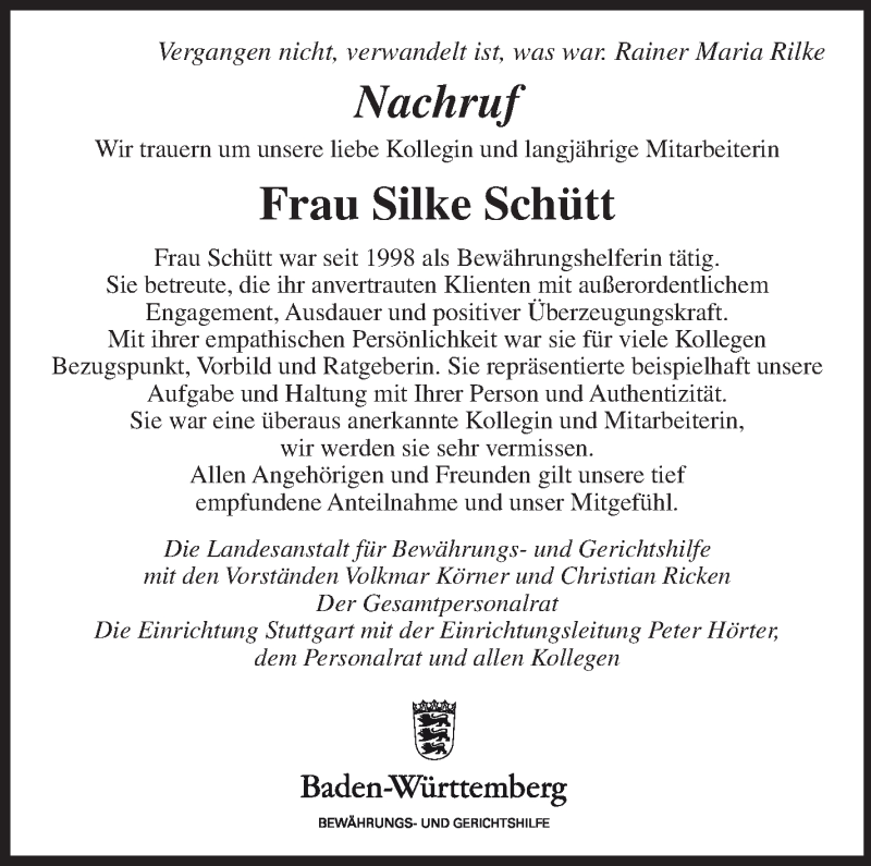  Traueranzeige für Silke Schütt vom 20.02.2019 aus Eßlinger Zeitung/Cannstatter Zeitung