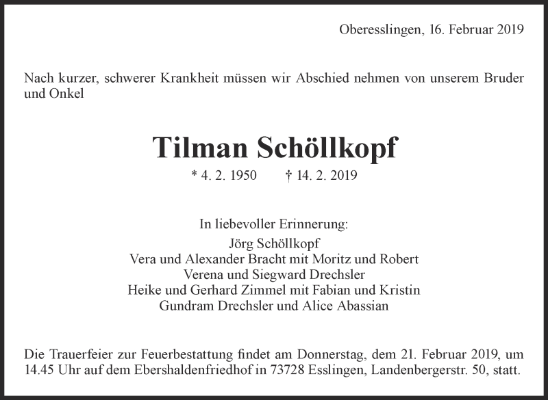  Traueranzeige für Tilman Schöllkopf vom 16.02.2019 aus Eßlinger Zeitung/Cannstatter Zeitung