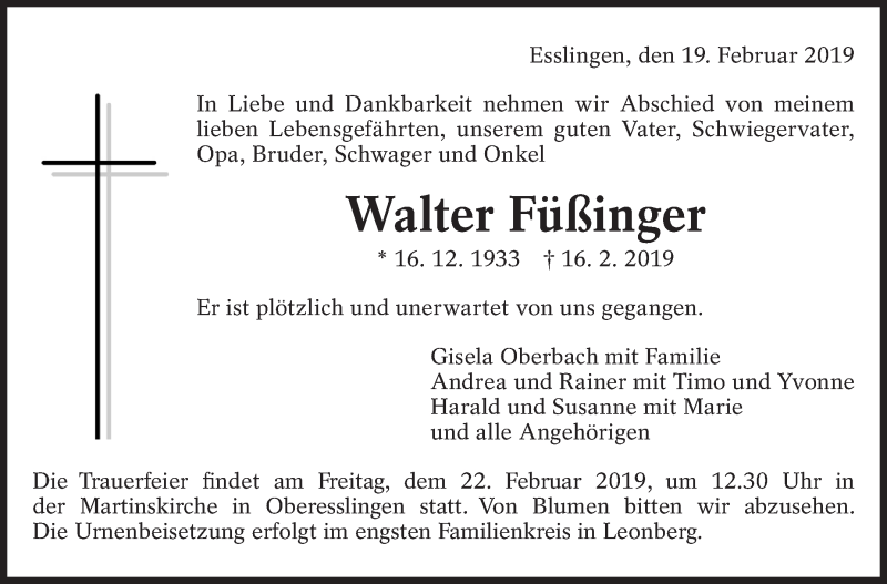  Traueranzeige für Walter Füßinger vom 19.02.2019 aus Eßlinger Zeitung/Cannstatter Zeitung