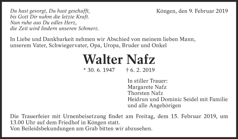  Traueranzeige für Walter Nafz vom 09.02.2019 aus Eßlinger Zeitung/Cannstatter Zeitung