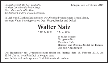 Traueranzeige von Walter Nafz von Eßlinger Zeitung/Cannstatter Zeitung