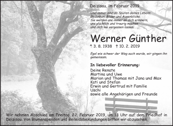 Traueranzeige von Werner Günther von Eßlinger Zeitung/Cannstatter Zeitung