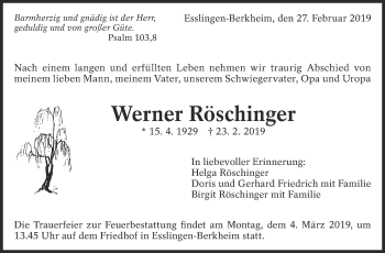 Traueranzeige von Werner Röschinger von Eßlinger Zeitung/Cannstatter Zeitung