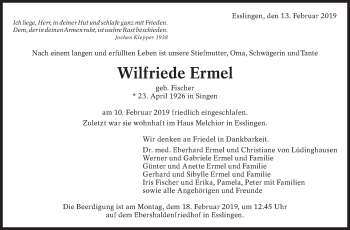 Traueranzeige von Wilfriede Ermel von Eßlinger Zeitung/Cannstatter Zeitung