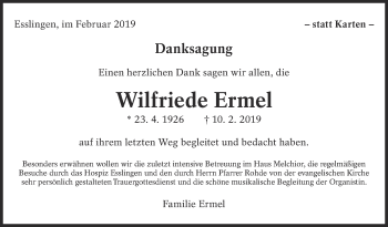 Traueranzeige von Wilfriede Ermel von Eßlinger Zeitung/Cannstatter Zeitung