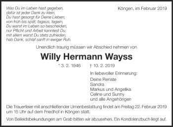Traueranzeige von Willy Hermann Wayss von Eßlinger Zeitung/Cannstatter Zeitung
