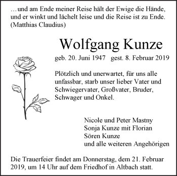 Traueranzeige von Wolfgang Kunze von Eßlinger Zeitung/Cannstatter Zeitung