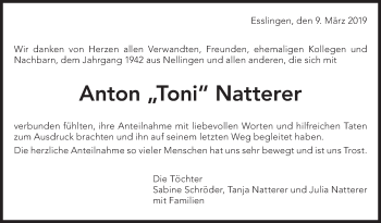 Traueranzeige von Anton Natterer von Eßlinger Zeitung/Cannstatter Zeitung