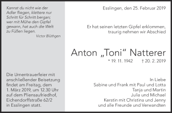 Traueranzeige von Anton Natterer von Eßlinger Zeitung/Cannstatter Zeitung