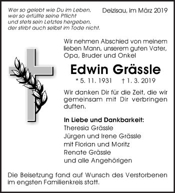 Traueranzeige von Edwin Grässle von Eßlinger Zeitung/Cannstatter Zeitung