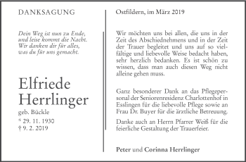 Traueranzeige von Elfriede Herrlinger von Eßlinger Zeitung/Cannstatter Zeitung