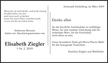 Traueranzeige von Elisabeth Ziegler von Eßlinger Zeitung/Cannstatter Zeitung
