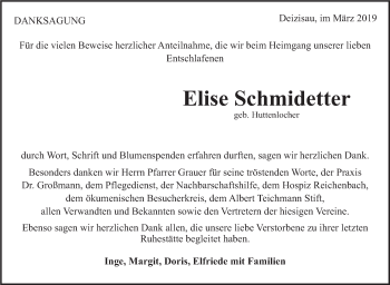 Traueranzeige von Elise Schmidetter von Eßlinger Zeitung/Cannstatter Zeitung