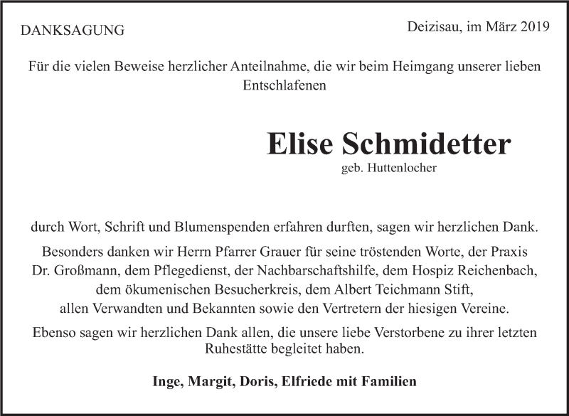  Traueranzeige für Elise Schmidetter vom 14.03.2019 aus Eßlinger Zeitung/Cannstatter Zeitung